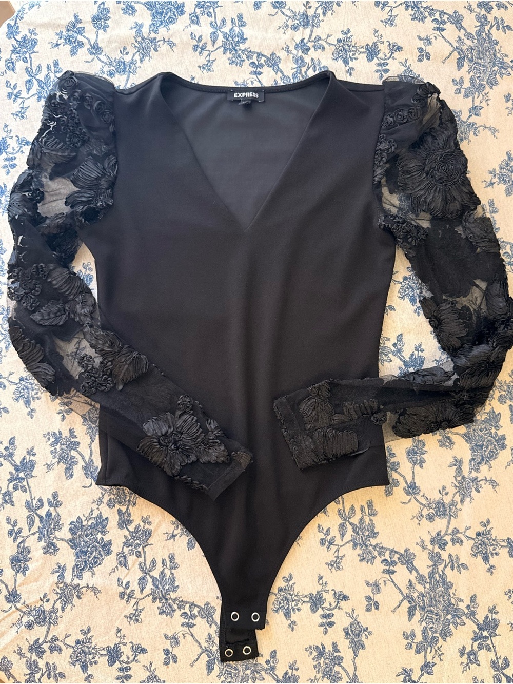 Express Black V-Neck Bodysuit with Floral Mesh Sleeves